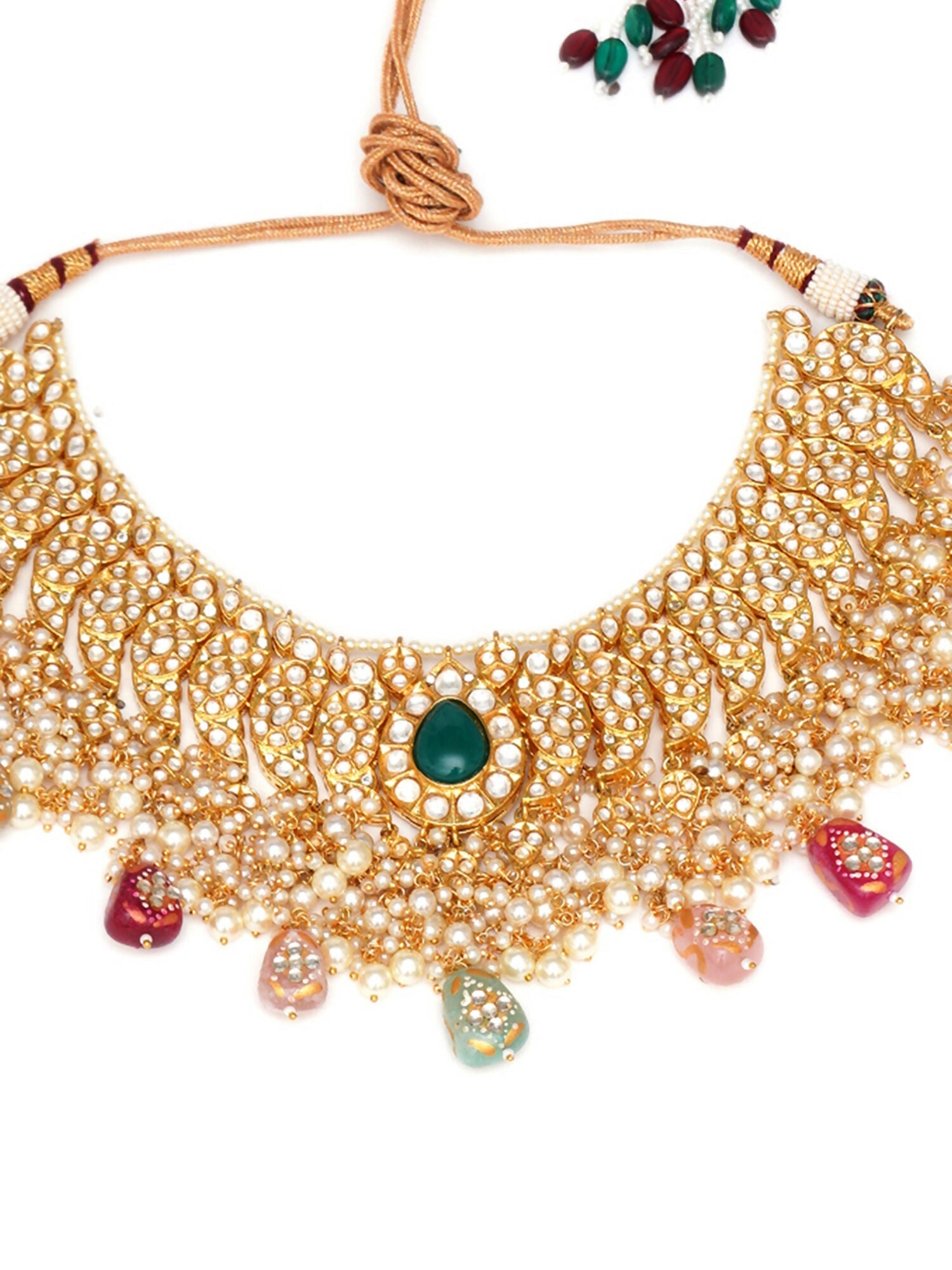 Kundan Choker with Matching Earrings & Maang Tikka Jewellery Set (Gold) - Ruby Raang - Swadesiicart