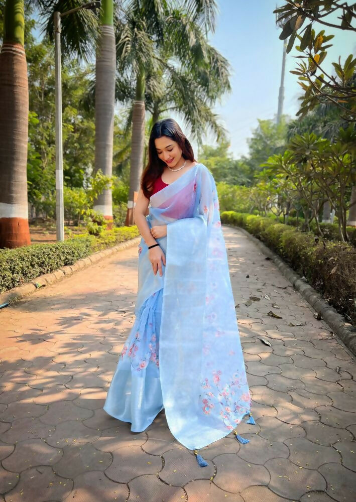 Vamsee Mehar Sky Organza Saree - Swadesiicart