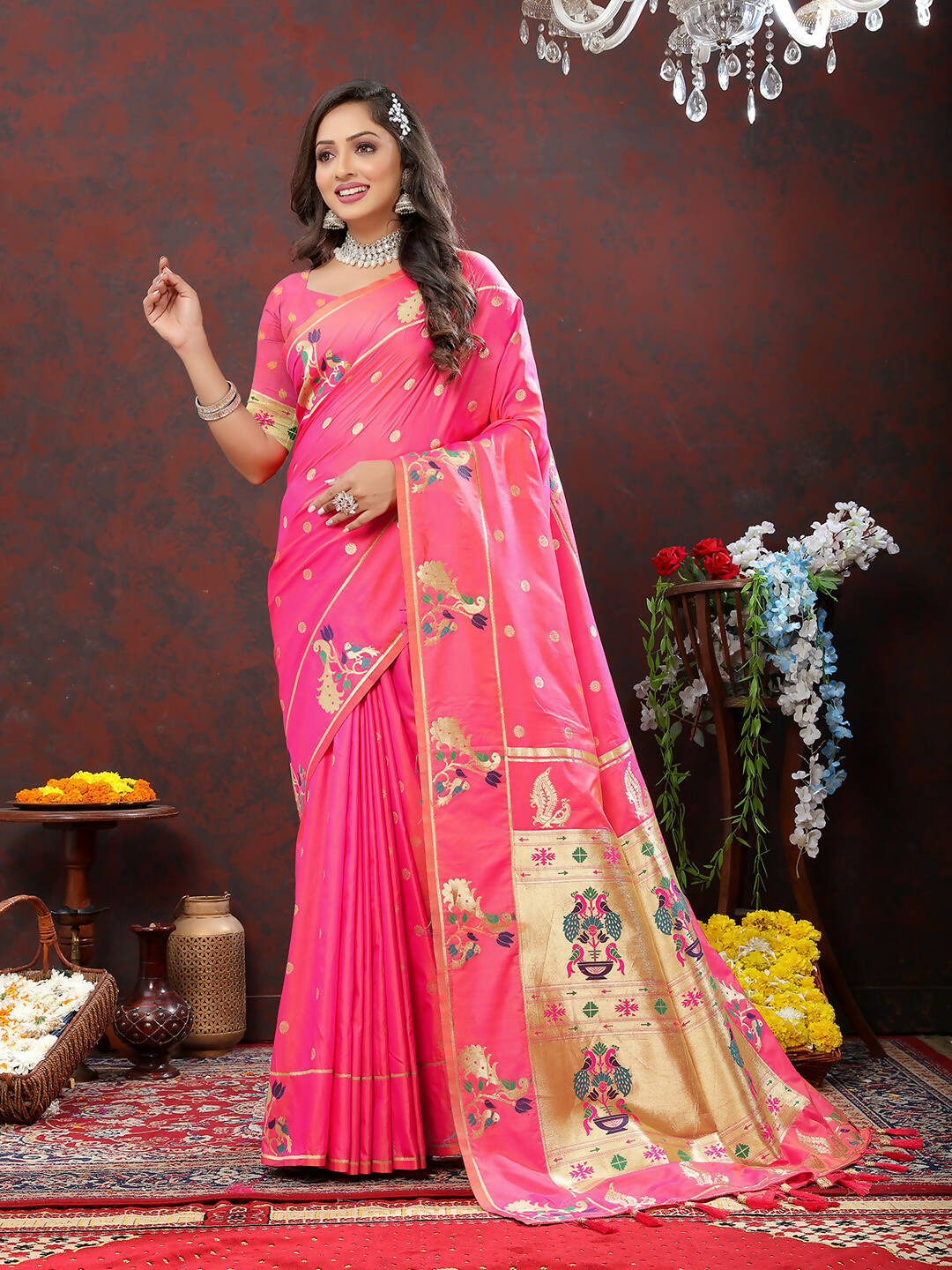 Lorenvalley Fashion Pink Soft Paithani Silk Woven Design Gold Zari Meenakari Weaving Saree - Swadesiicart
