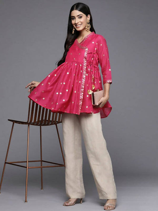 Ahalyaa Womens Pink Chanderi Printed Angrakha Style Tunic | Swadesiicart
