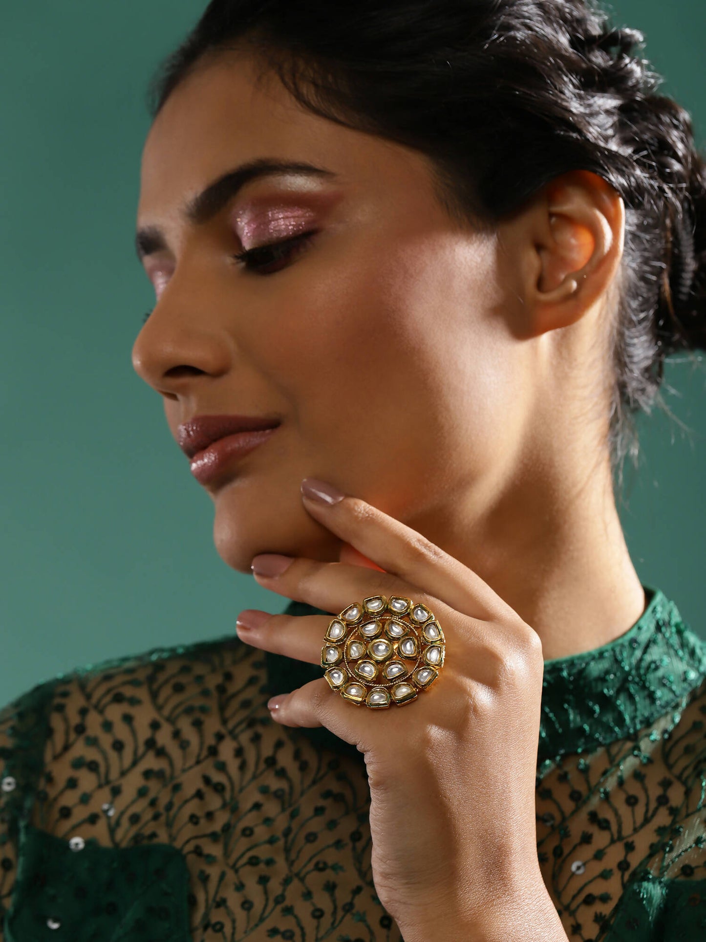 Gold-Polished White Kundan Studded Adjustable Finger Ring - Ruby Raang | Swadesiicart