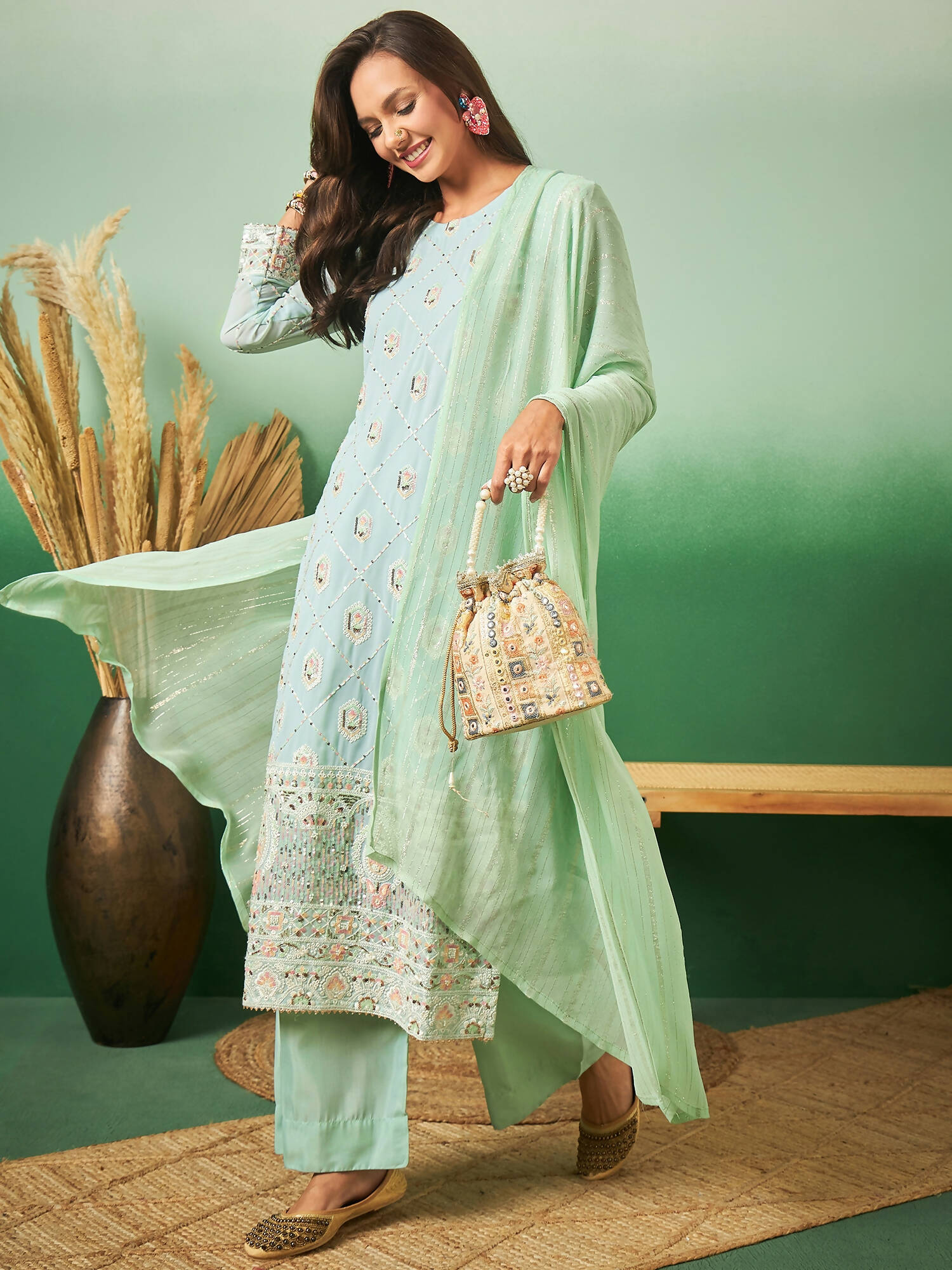 Sea Green Georgette Handwork Unstitched Dress Material - Hanika | Swadesiicart