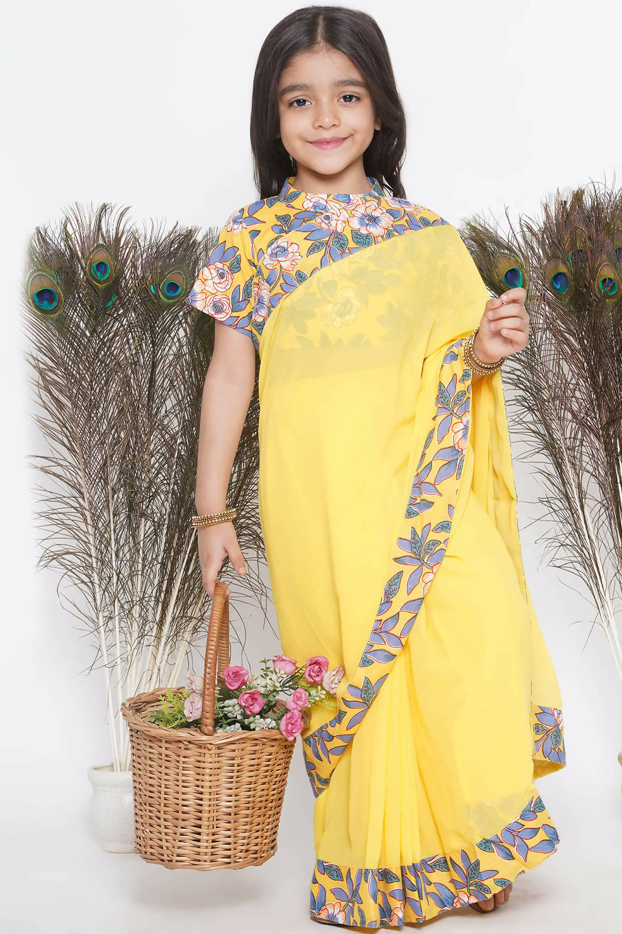 Little Bansi Floral Print Ready To Wear Saree And Floral Blouse - Yellow | Swadesiicart