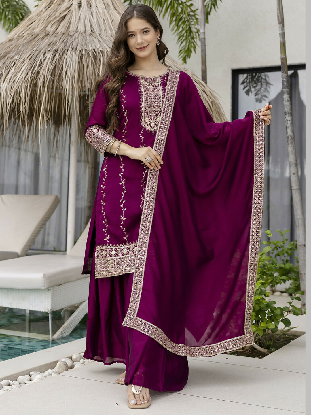 The52 Wine Beautiful Embroidered Vichitra Silk Fabric Straight Kurta, Palazzo and Dupatta Set - Swadesiicart