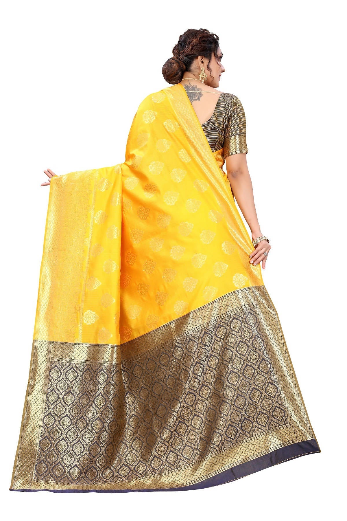 Vamika Ethnic Fire Yellow Weaving Banarasi Jacquard Saree | Swadesiicart