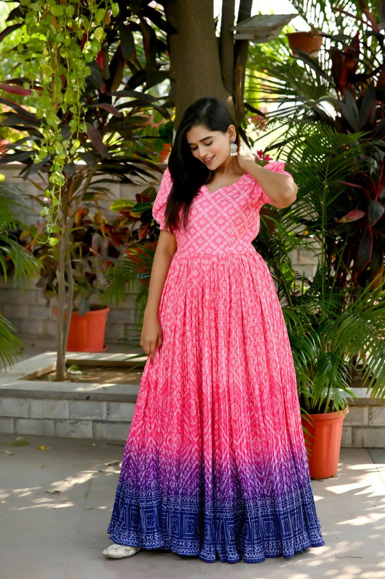 Jyoti Fashion Women's Pink Bandhej Print with Crush Pleating Muslin Anarkali Dress | Swadesiicart