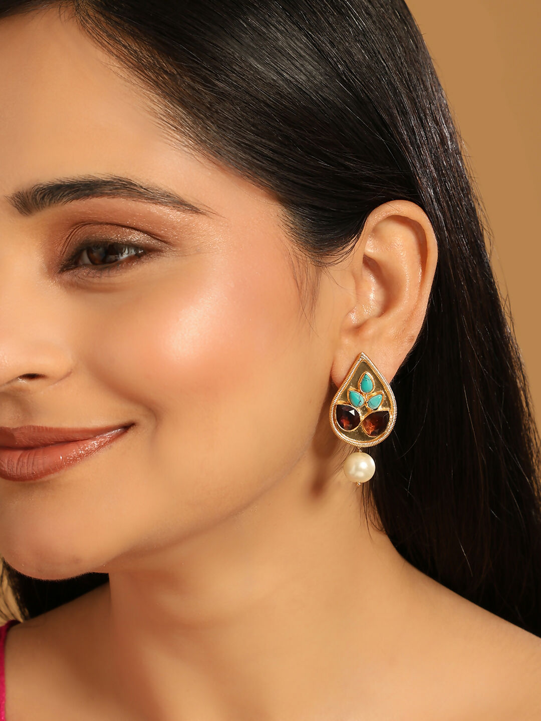 Nuyug 22K Gold Plated Faux Turquoise Stone Studded Contemporary Petal Shaped Pearl Drop Stud Earrings | Swadesiicart