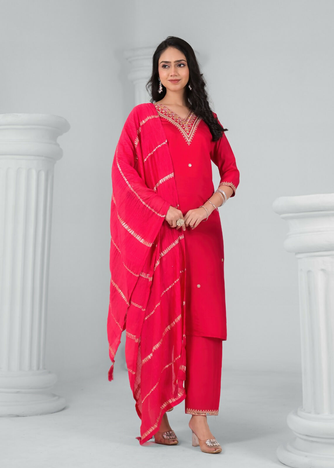 Ethnic Festive Wear Reyon Red Stitched Suit With Dupatta - Tanisha - Swadesiicart