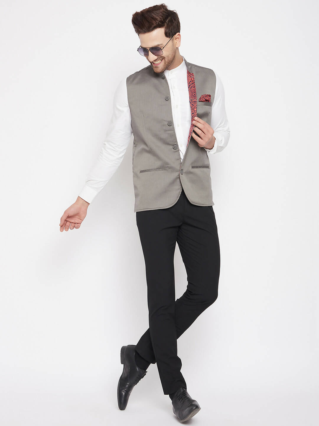 Even Apparels Grey Polyester Men's Nehru Jacket-Contrast Lining-Inbuilt Pocket Square | Swadesiicart