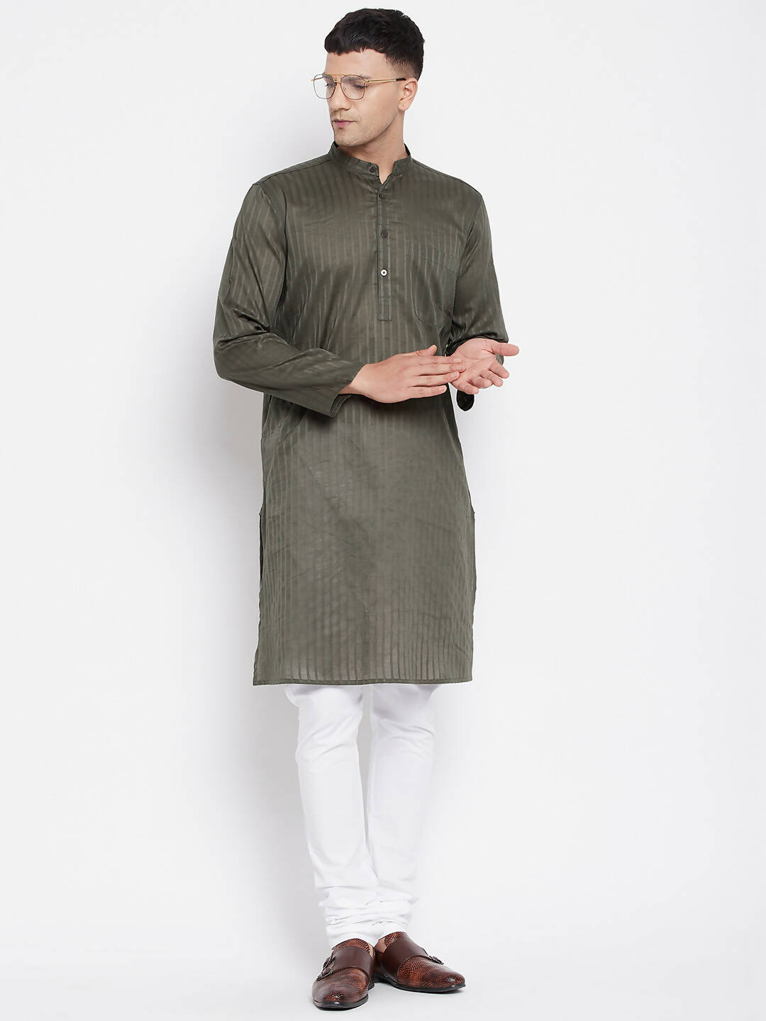 Even Apparels Green Men's Pure Cotton Kurta With Band Collar | Swadesiicart