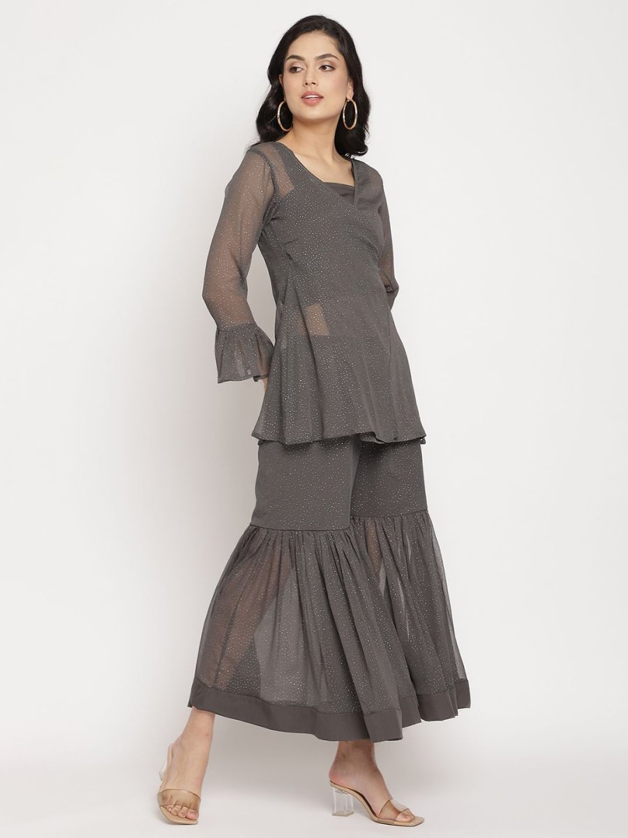 Ahalyaa Women Charcoal Grey Poly Chiffon Angrakha Kurta with Inner & Sharara | Swadesiicart