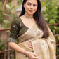 Olive Pure Linen Ethnic Motifs Saree with Unstitched Blouse - Hiral Fashion | Swadesiicart