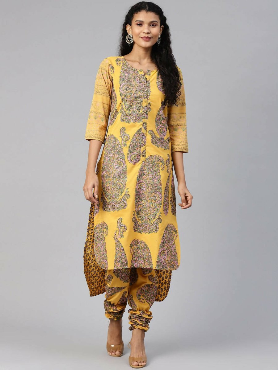 Ahalyaa Women Mustard Crepe Printed Kurta Churidar Set | Swadesiicart