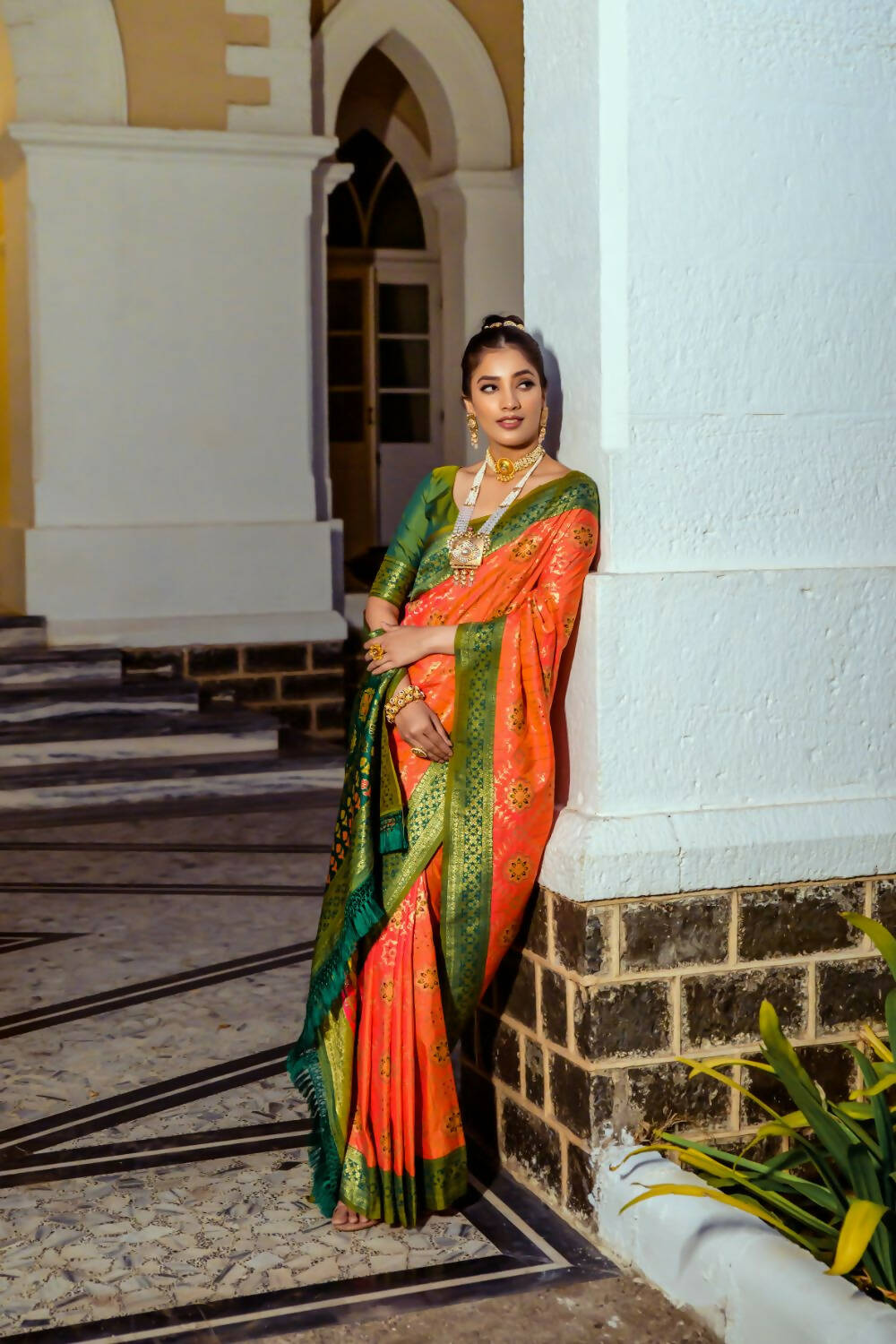Vishnu Weaves Women's Orange Patola Banarasi Silk Meenakari Zari Woven Saree with Blouse - Swadesiicart