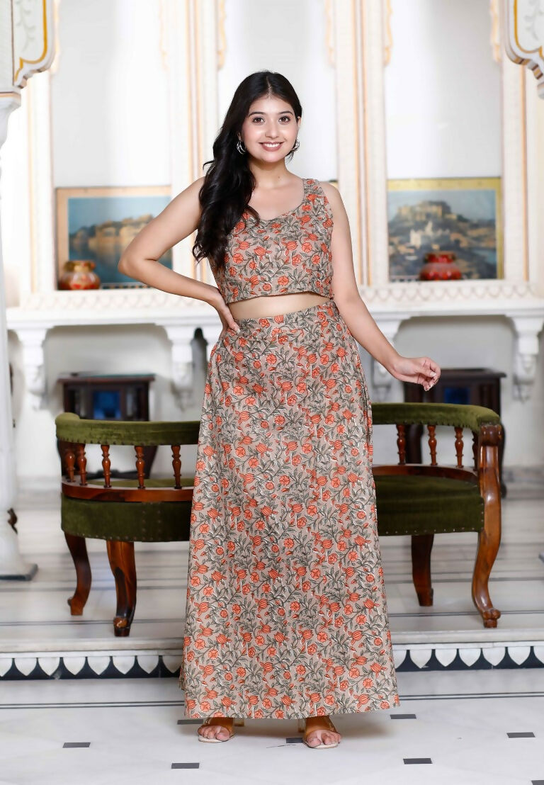 Miravan Women's Brown Floral Printed Crop Top And Skirt Co-Ord Set - Swadesiicart