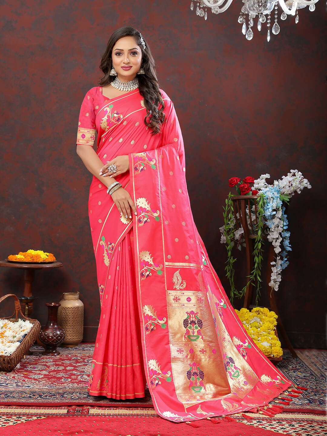 Lorenvalley Fashion Peach Soft Paithani Silk Woven Design Gold Zari Meenakari Weaving Saree - Swadesiicart