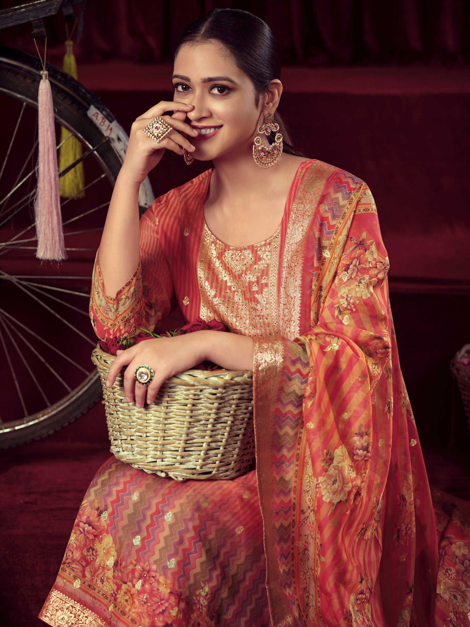 Jyoti Fashion Women's Orange Organza Jacquard Woven Kurta with Trouser & Dupatta | Swadesiicart