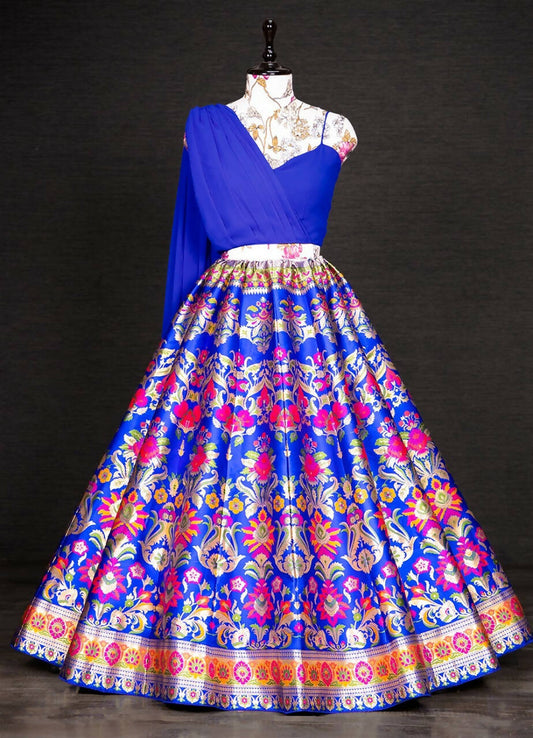 Royal Blue Banarasi Silk Lehenga Choli for Women, Ready to Wear Stitched Lengha Choli for Party, Stylish Lehenga Choli by Infinity Export | Swadesiicart