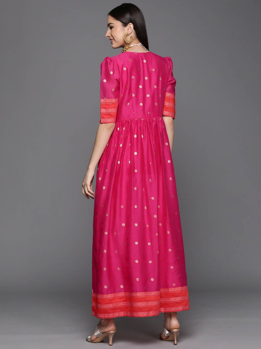 Ahalyaa Women's Pink Chanderi Gold Foil Print Dress | Swadesiicart