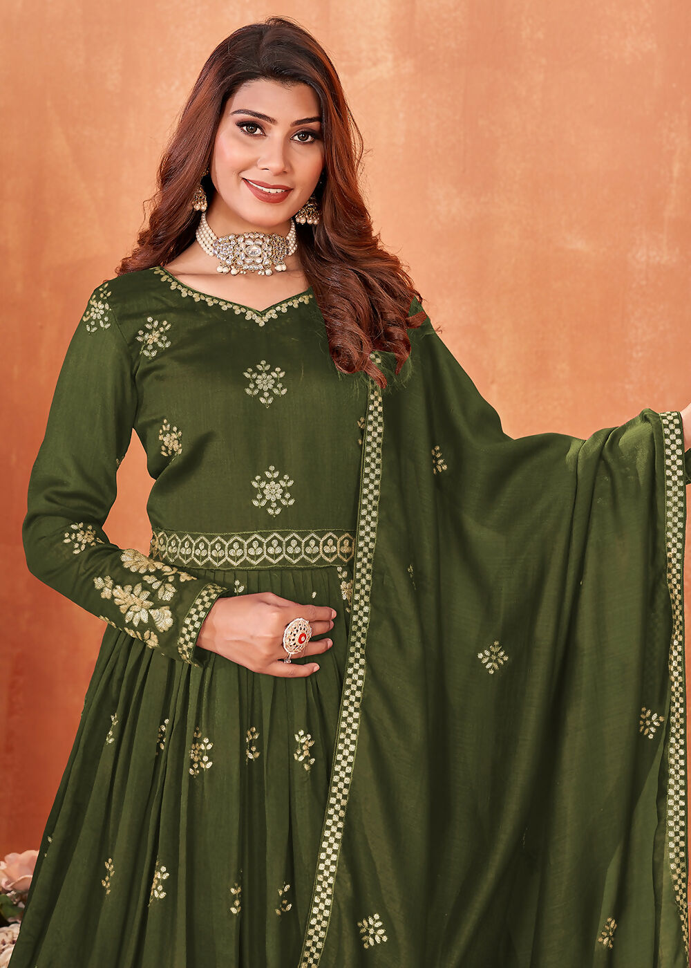 Mehndi Green Festive Embroidered Art Silk Anarkali Suit - Emponline | Swadesiicart
