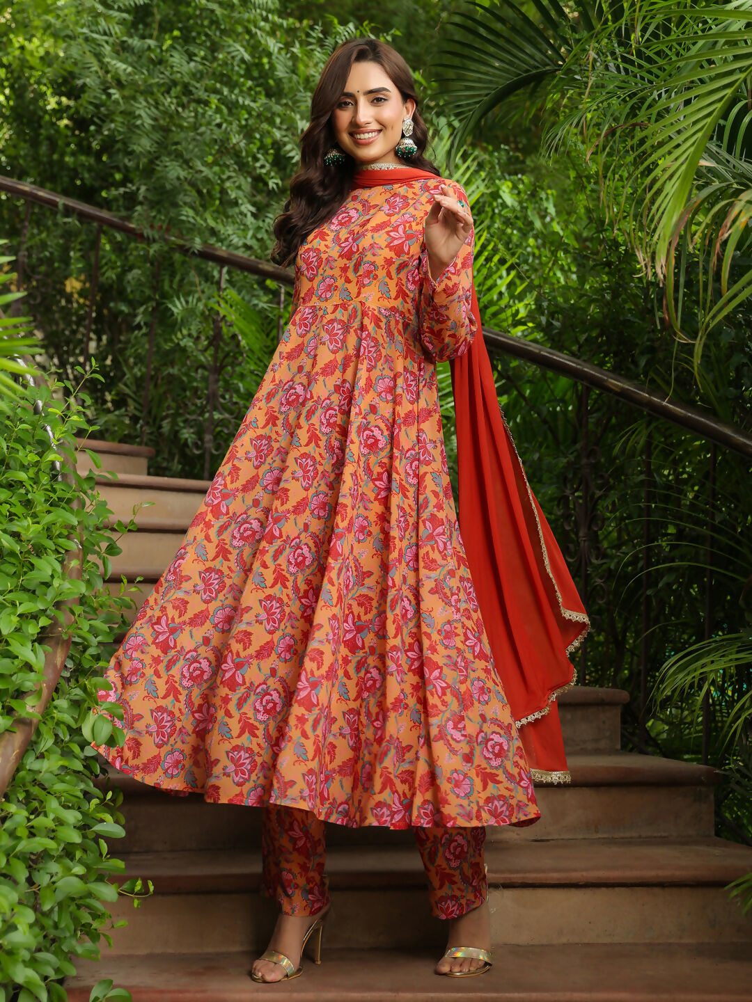 Janasya Mustard Georgette Floral Kurta,Bottom & Dupatta | Swadesiicart
