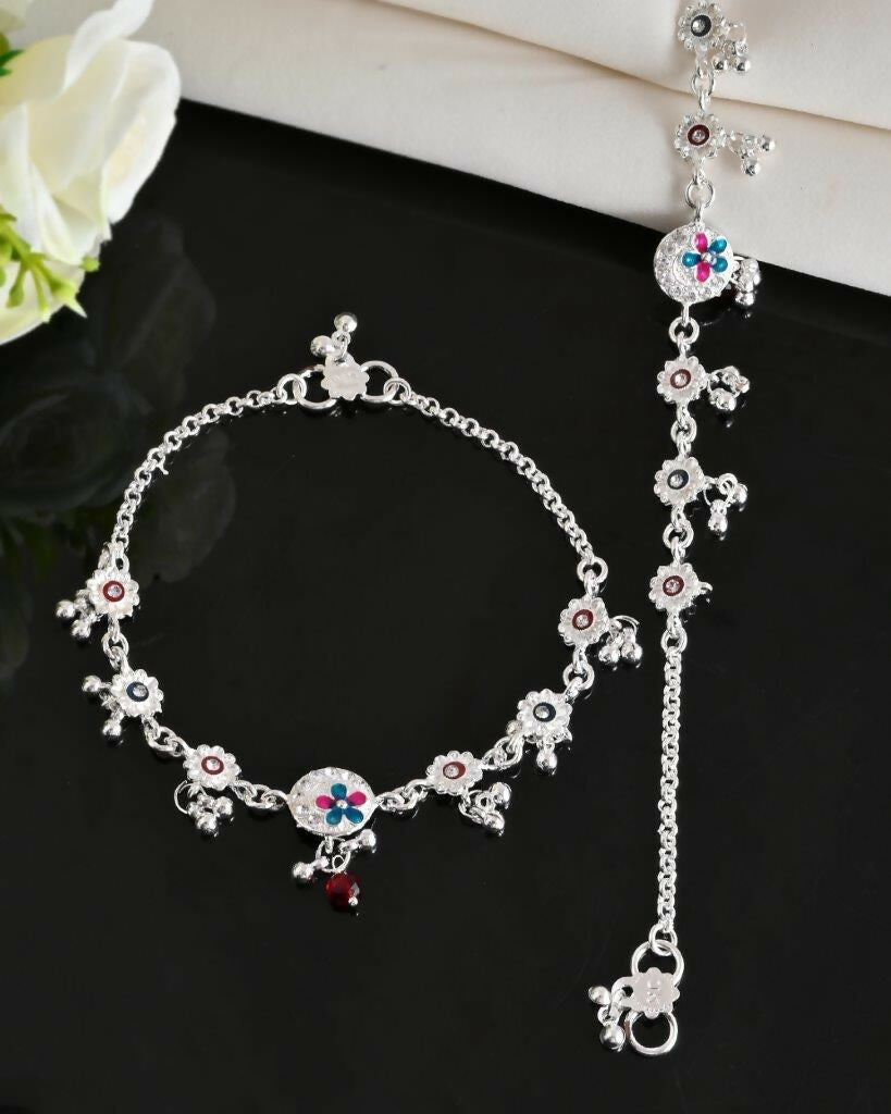 VOJ Set of 2 Stone Studded Circular Shaped Traditional Anklet - Swadesiicart