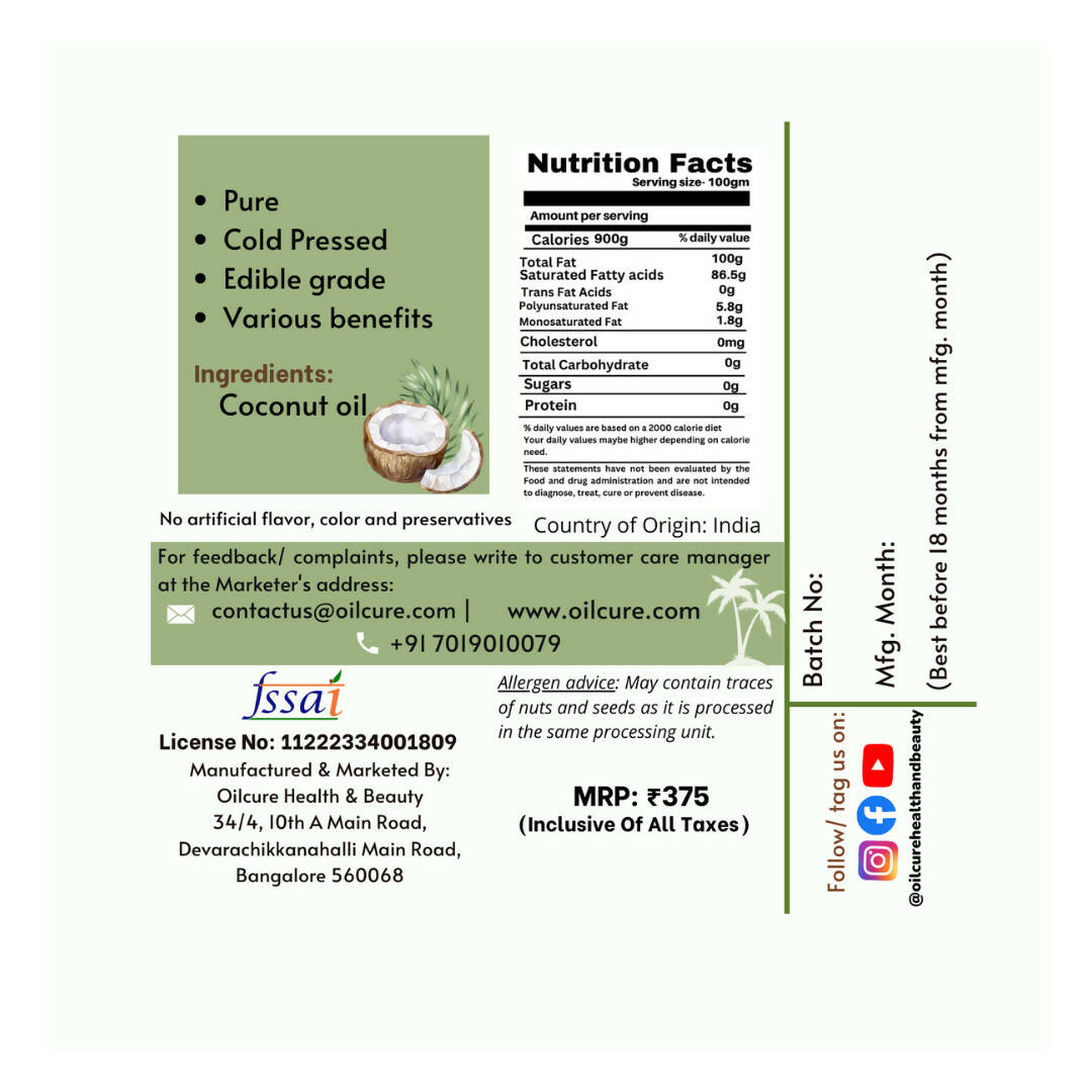 Oilcure Coconut Oil Cold Pressed - Swadesiicart
