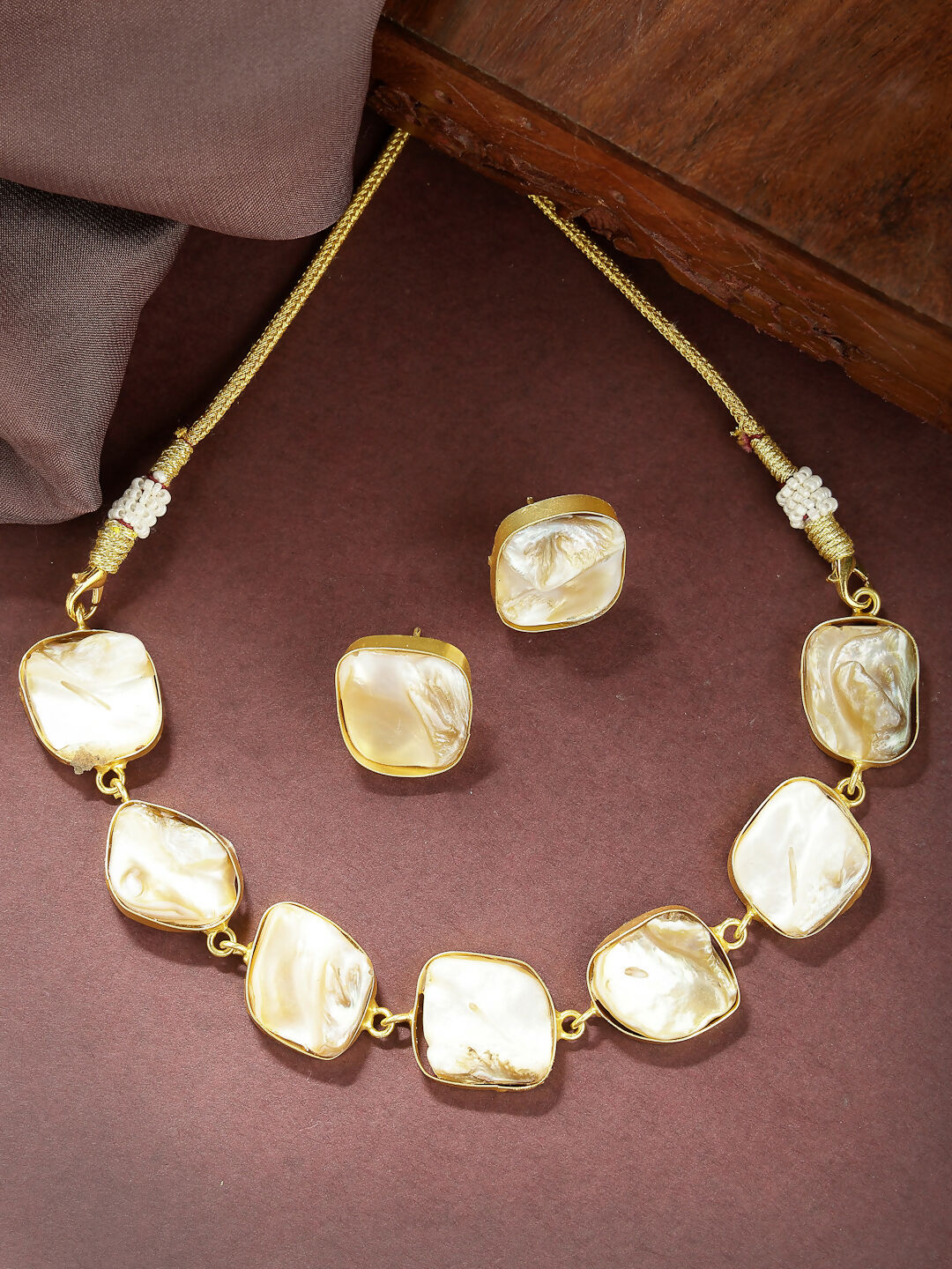 NVR Women's Gold-Polished Mother of Pearl Handcrafted Jewellery Set - Swadesiicart