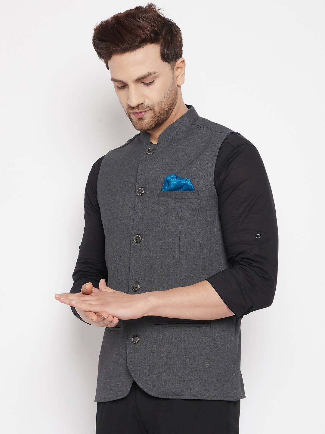 Even Apparels Grey Merino Men's Nehru Jacket-Contrast Lining-Free Pocket Square PW691 | Swadesiicart