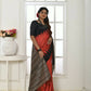 Vishnu Weaves Women's Red Tussar Silk Temple Print Saree with Blouse - Swadesiicart