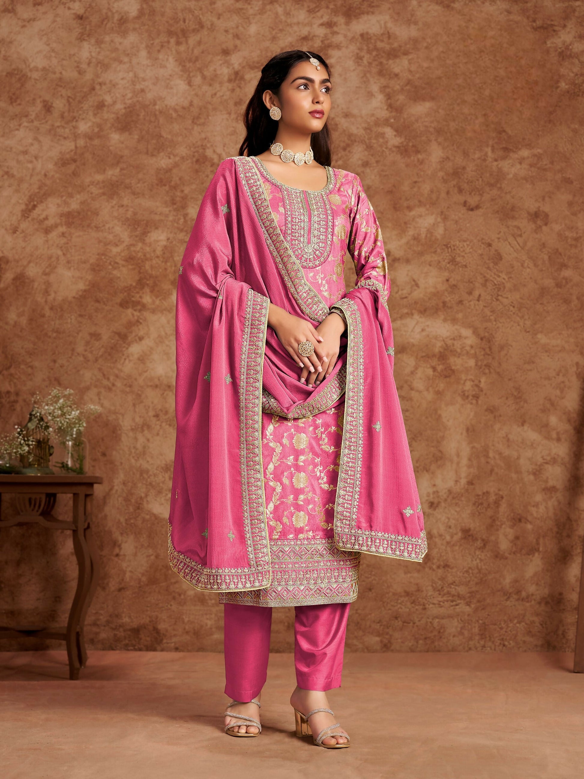 Anaita Pink Premium Dolla Jacquard Embroidered Stitched Salwar Suit