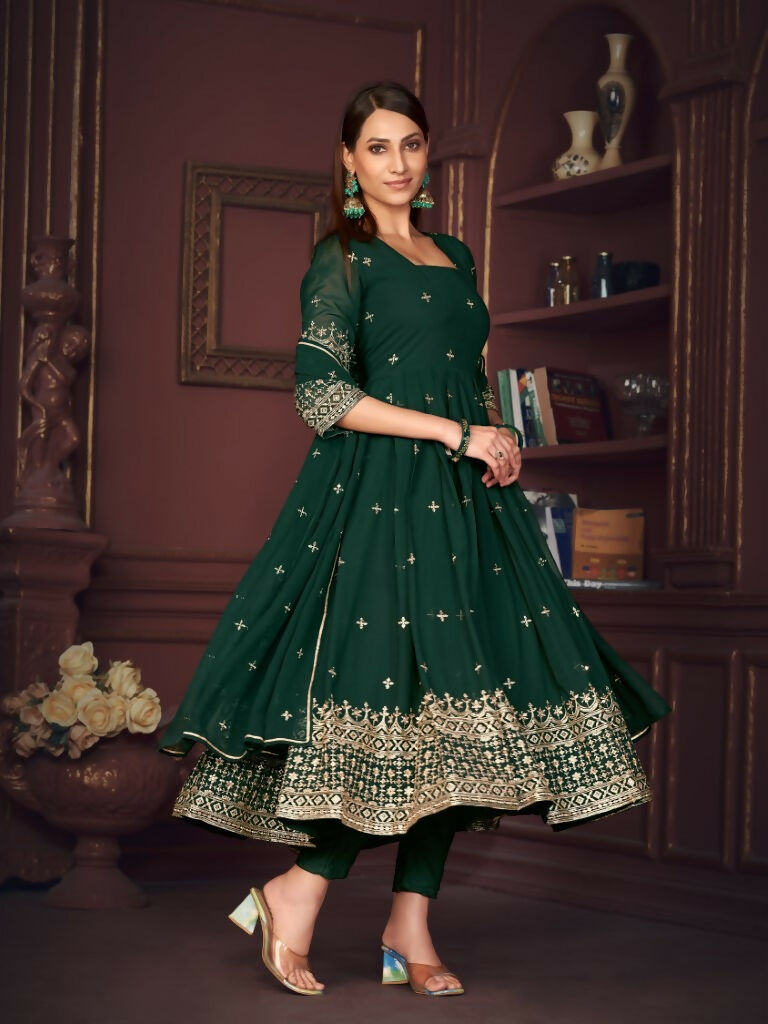 Jyoti Fashion Women's Golden & Bottle Green Georgette Embroidered Anarkali Kurta Pant Set With Dupatta | Swadesiicart
