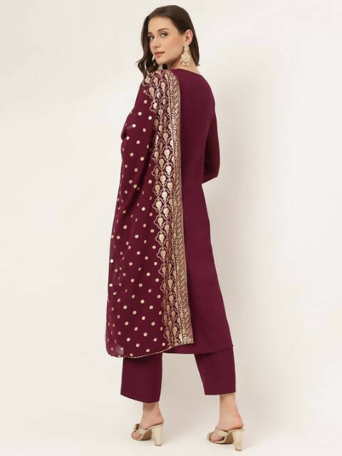 FIORRA Women's Purple Poly Crepe A-Line Kurta Pant With Dupatta - Swadesiicart