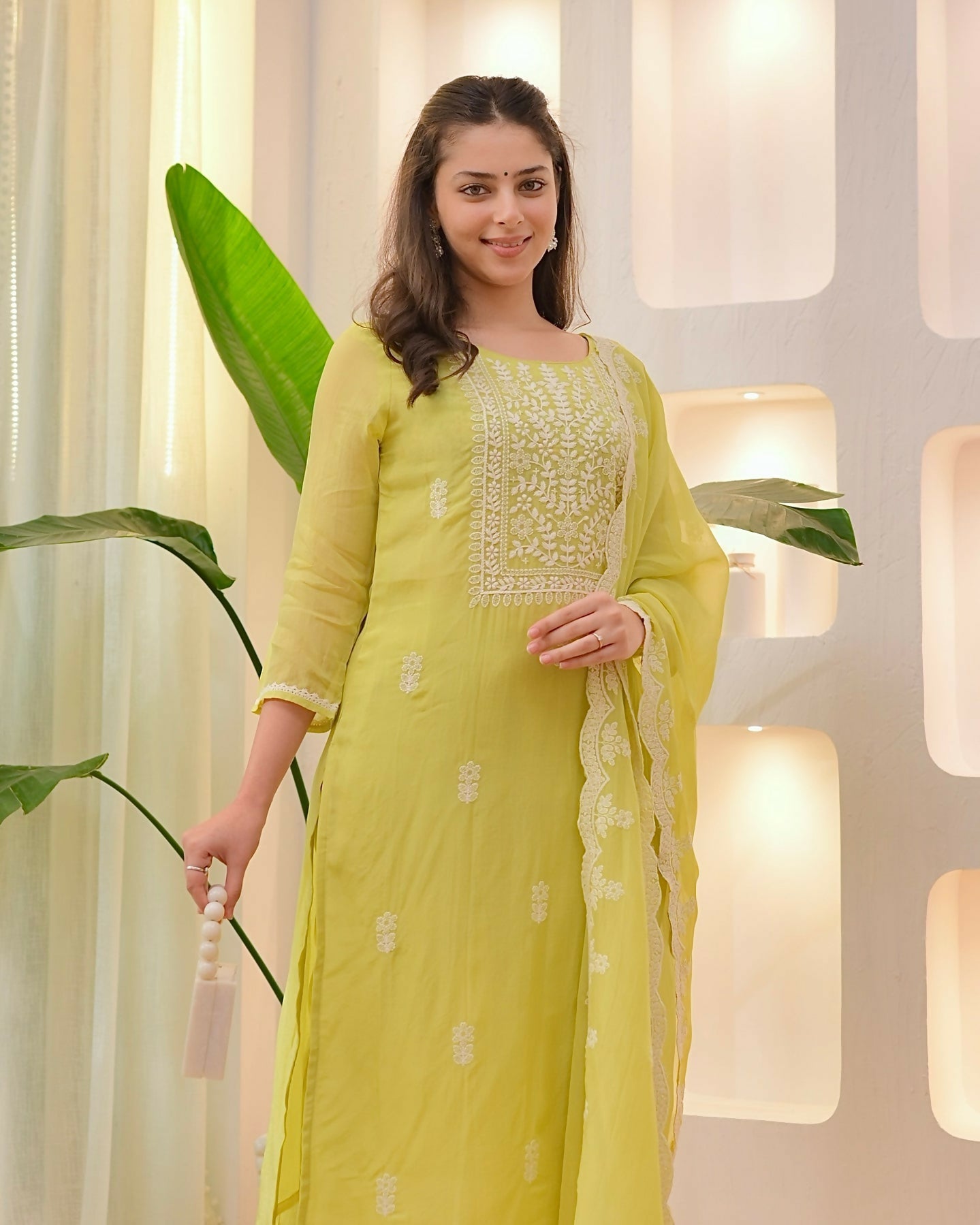 The52 Lemons Women's Beautiful Chikankari Work Chanderi Fabric Straight Kurta Pant and Dupatta Set - Swadesiicart