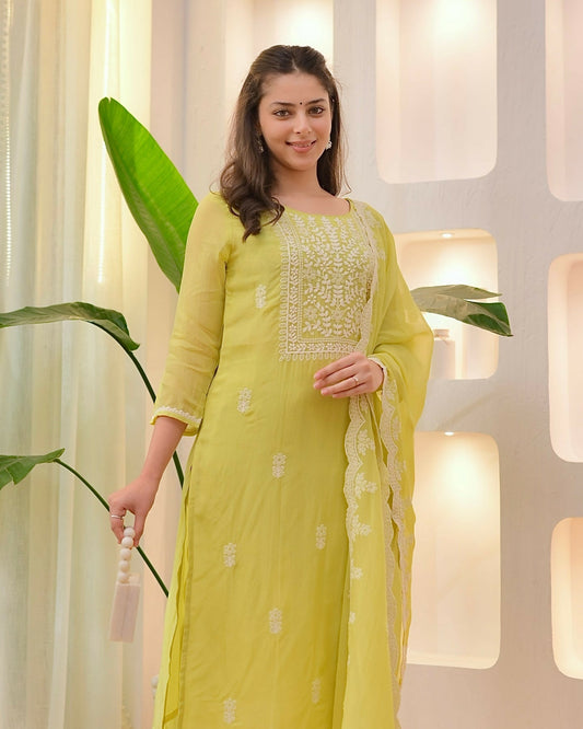 The52 Lemons Women's Beautiful Chikankari Work Chanderi Fabric Straight Kurta Pant and Dupatta Set - Swadesiicart
