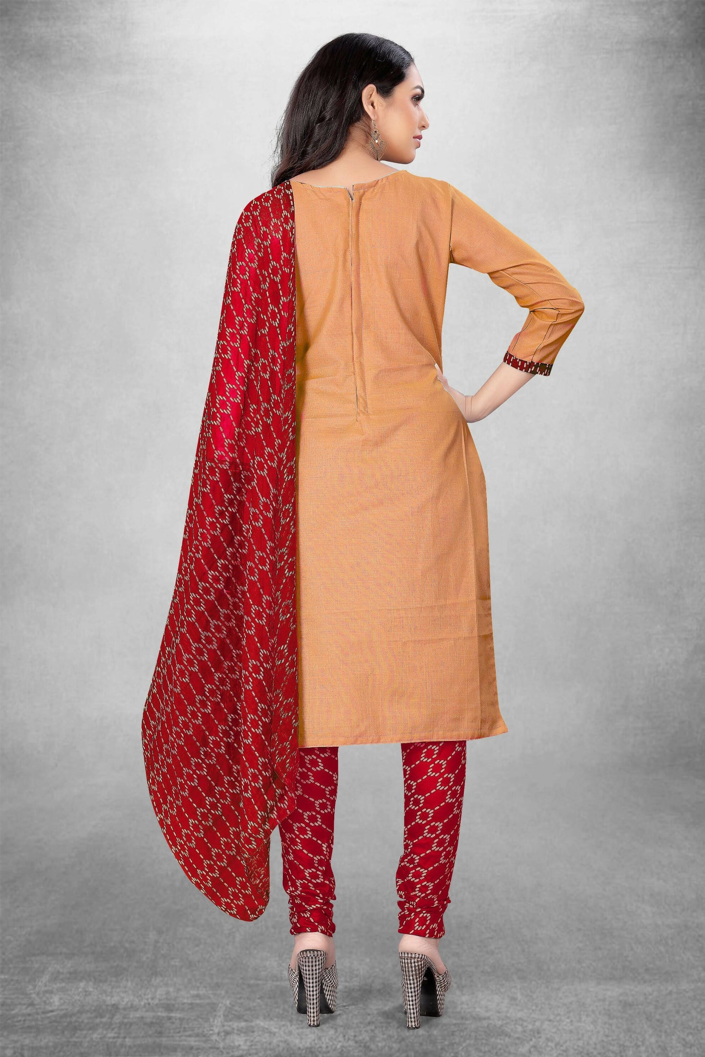 Beige Cotton Printed Unstitched Dress Material - Amara