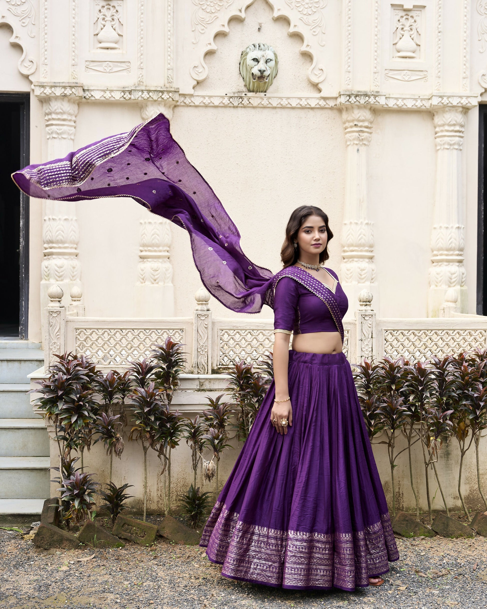 Lorenvalley Purple Pure Chanderi Plain With Zari Weaving Work Border Lehenga Choli | Swadesiicart