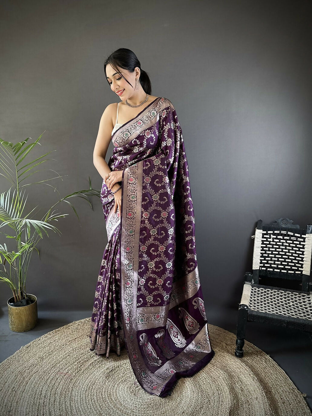 Joban Fashion Purple Meenakari Banarasi Silk Sarees | Swadesiicart