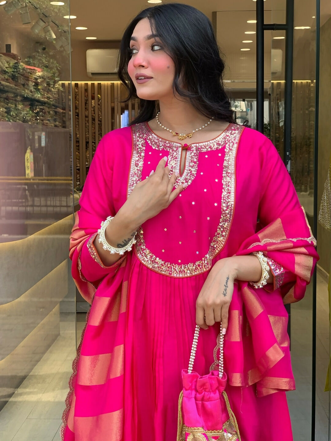 The52 Rani Women's Gorgeous Embroidered Work Chanderi Fabric Flared Kurta Pant and Dupatta Set - Swadesiicart
