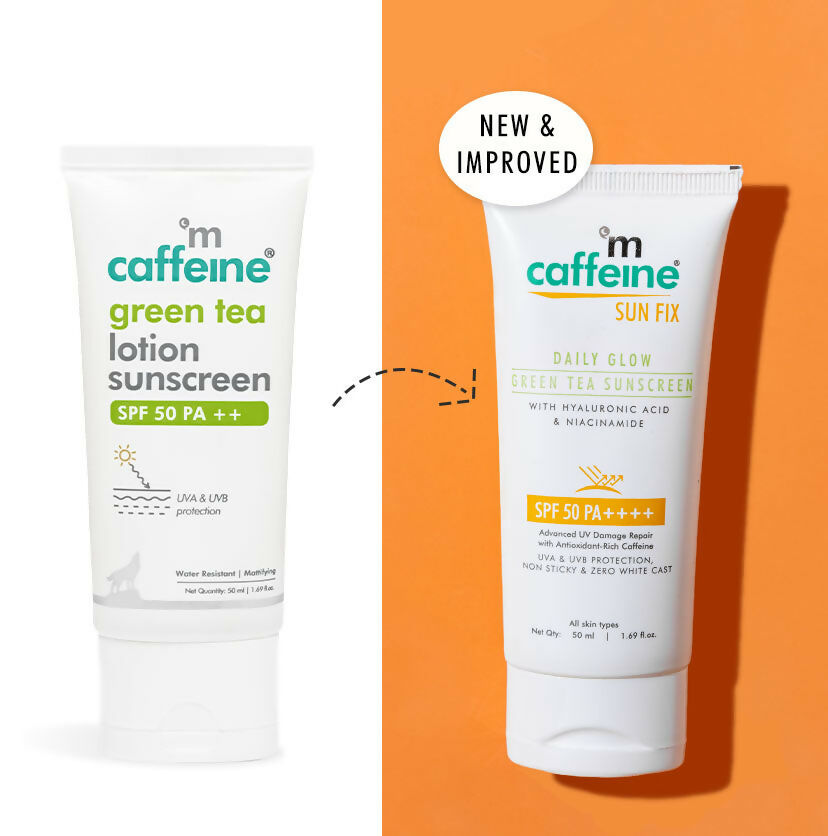 mCaffeine Sun Fix Daily Glow Green Tea Sunscreen SPF 50 PA++++ with Niacinamide, Lightweight & No White Cast - Swadesiicart