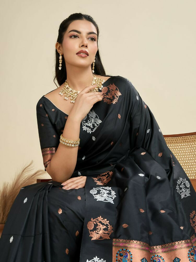 Vishnu Weaves Women's Black Banarasi Silk Zari Woven Saree with Blouse - Swadesiicart