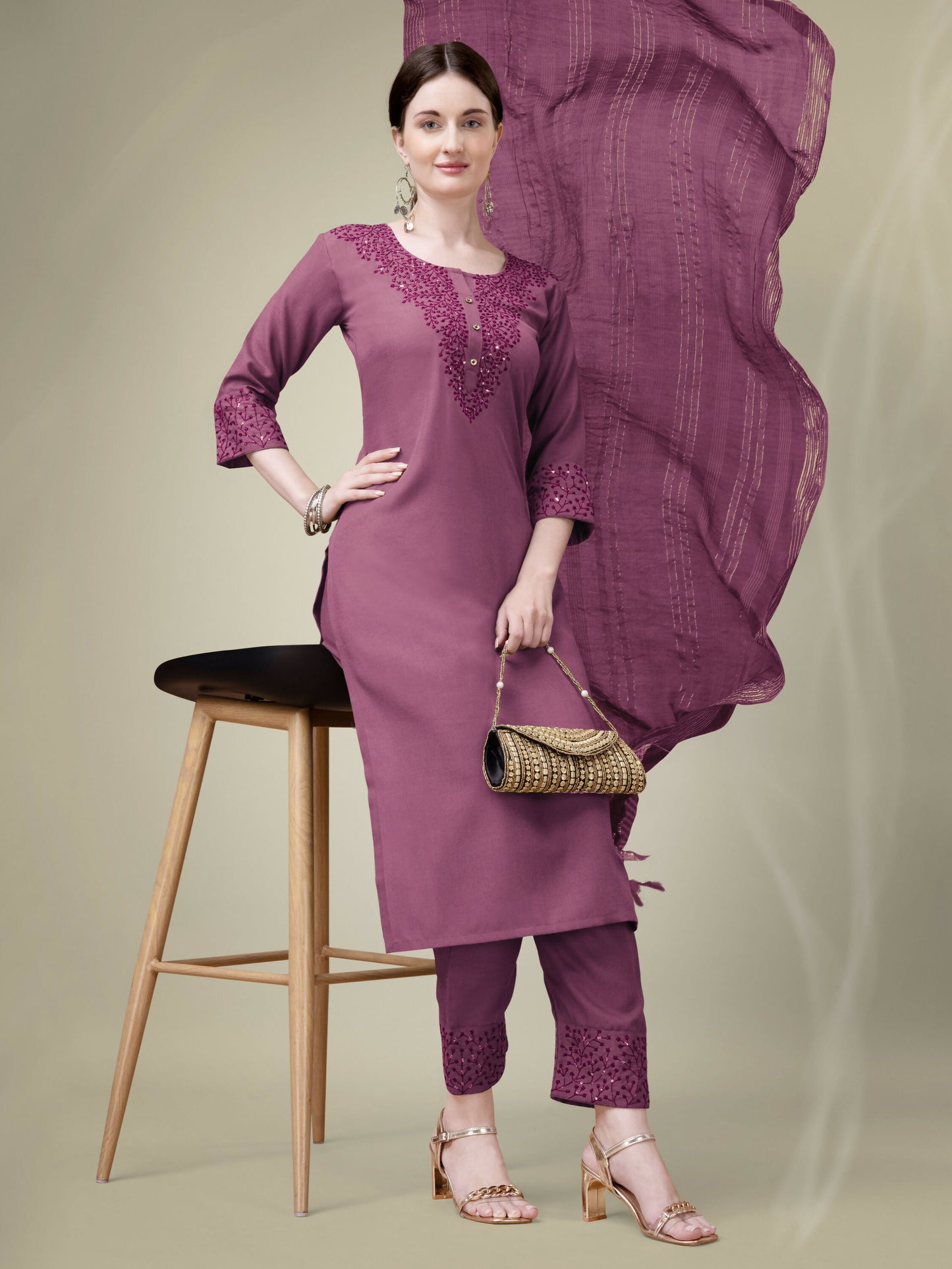 Jyoti Fashion Women's Onion Cotton Blend Embroidery & Sequence work Kurta with Trouser & Dupatta | Swadesiicart