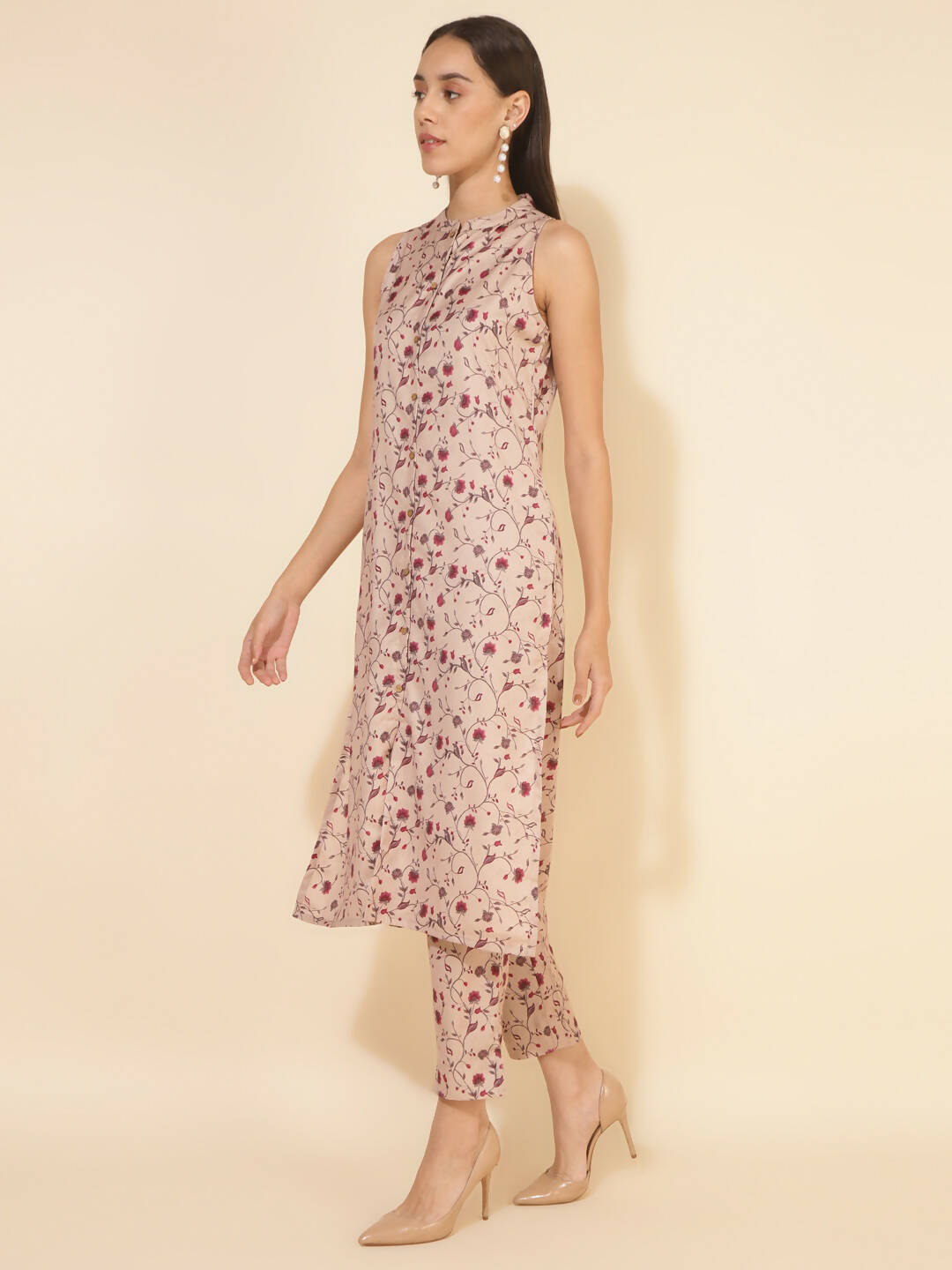 Janasya Women's Beige Moss Digital Floral Printed Casual Straight Co-ords - Swadesiicart