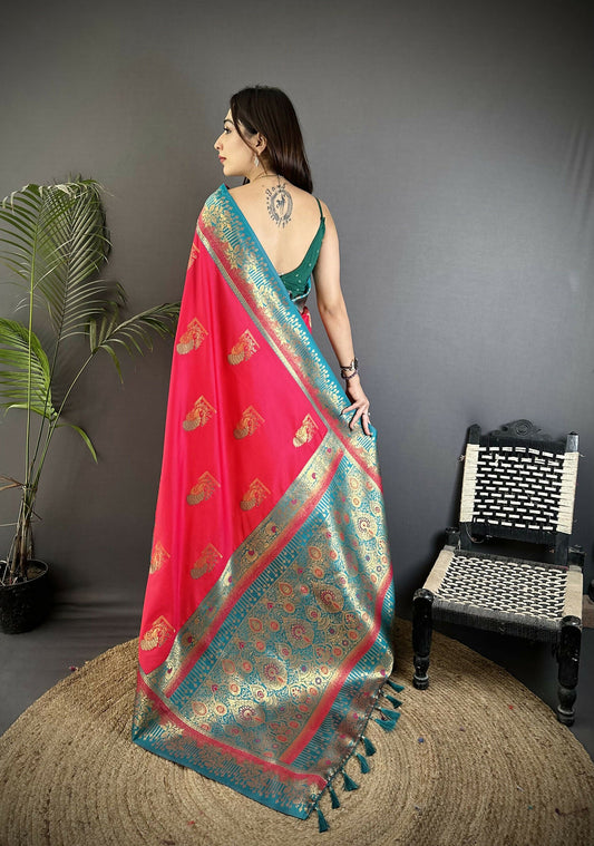 Joban Fashion Hot Pink Banarasi Soft Silk Peacock Butta Work Saree | Swadesiicart