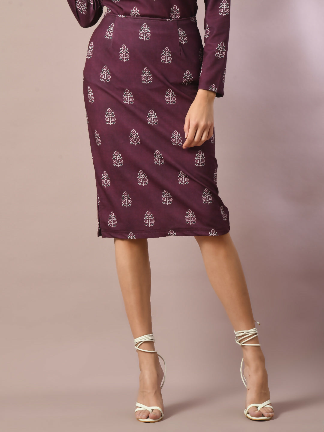 Myshka Women's Magenta Printed Round Neck Party Top With Skirt Co-ord set - Swadesiicart