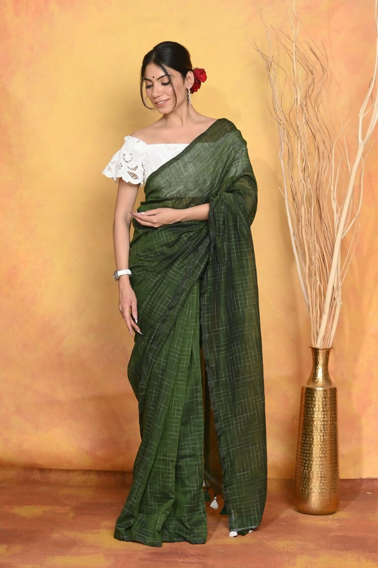 Very Much Indian Mul Cotton Khadi Design Handloom Woven Saree - Green | Swadesiicart