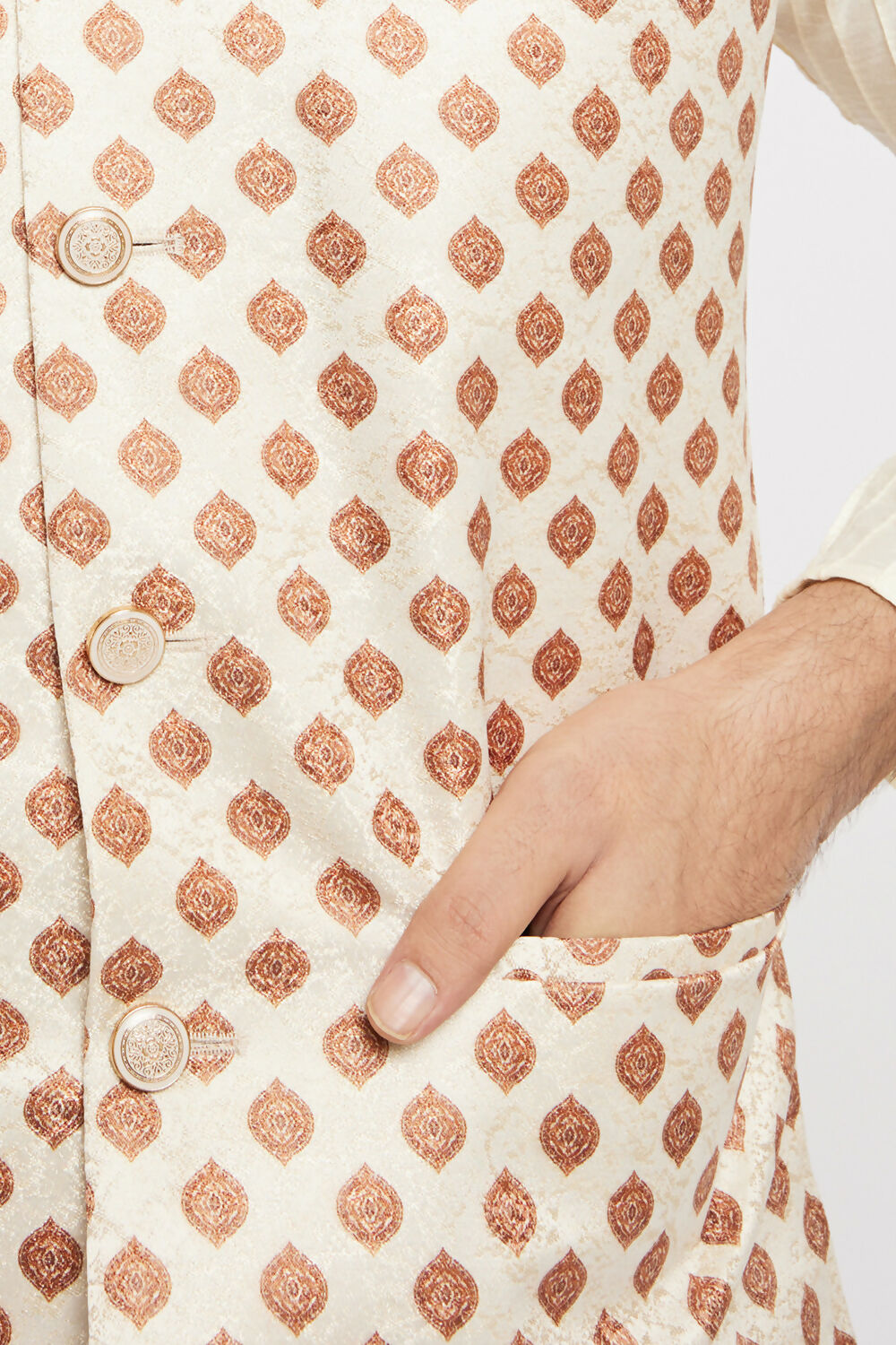 Ethnic India Cream Bundi Men's Jacket Geometric Polyester | Swadesiicart
