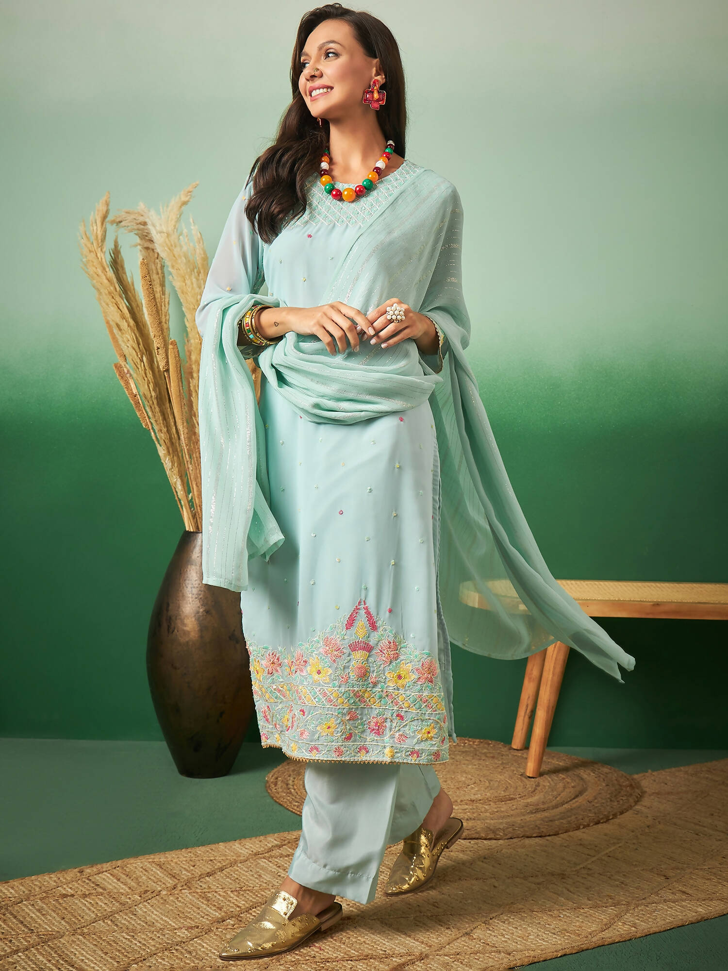 Sky Blue Georgette Handwork Unstitched Dress Material - Hanika | Swadesiicart