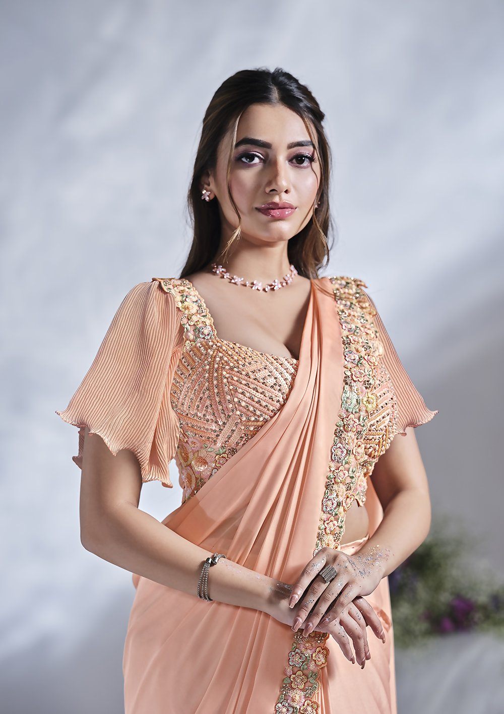 Peach Crepe Satin Silk Designer Ready to wear saree with stithced Blouse - Mohmanthan Aura | Swadesiicart