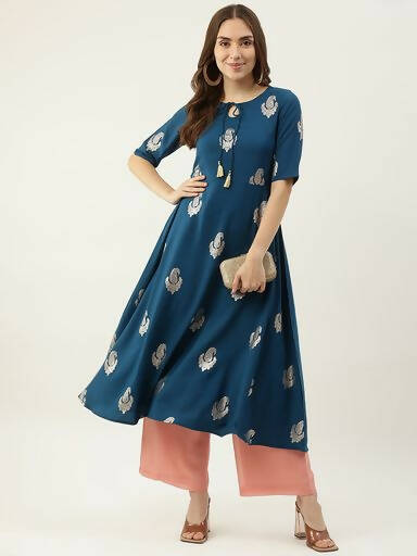 FIORRA Women's Blue Poly Crepe Flared Kurta - Swadesiicart